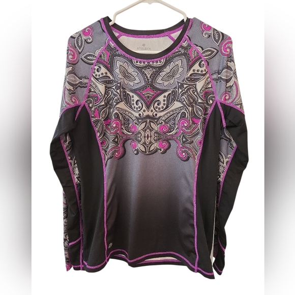 ATHLETA RUNAWAY TOP. PAISLEY DESIGN. BLACK/PURPLE. SIZE LARGE. - Picture 1 of 9